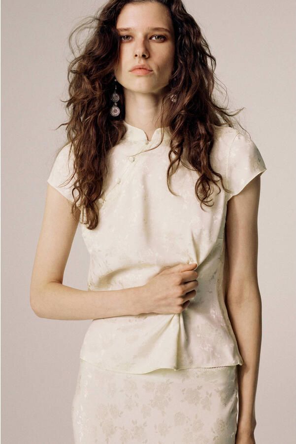 Mango gebloemde jacquard top beige - Foto 3