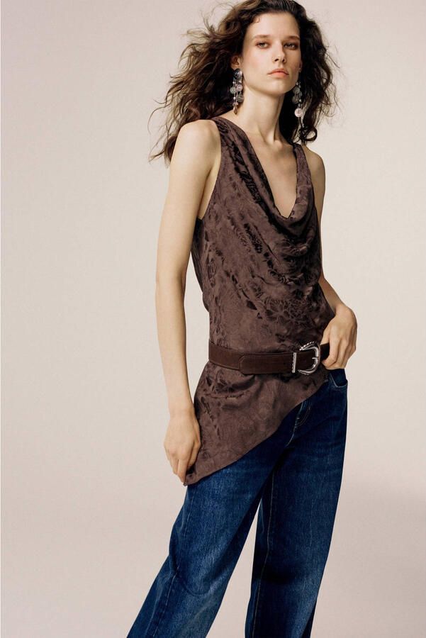 Mango gebloemde jacquard top bruin