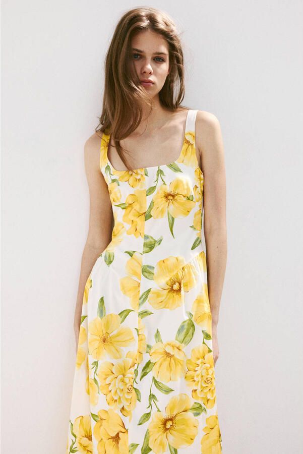 Mango gebloemde midi jurk geel