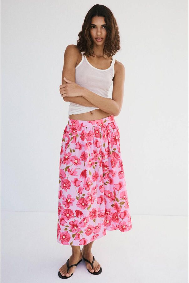 Mango gebloemde midi rok roze