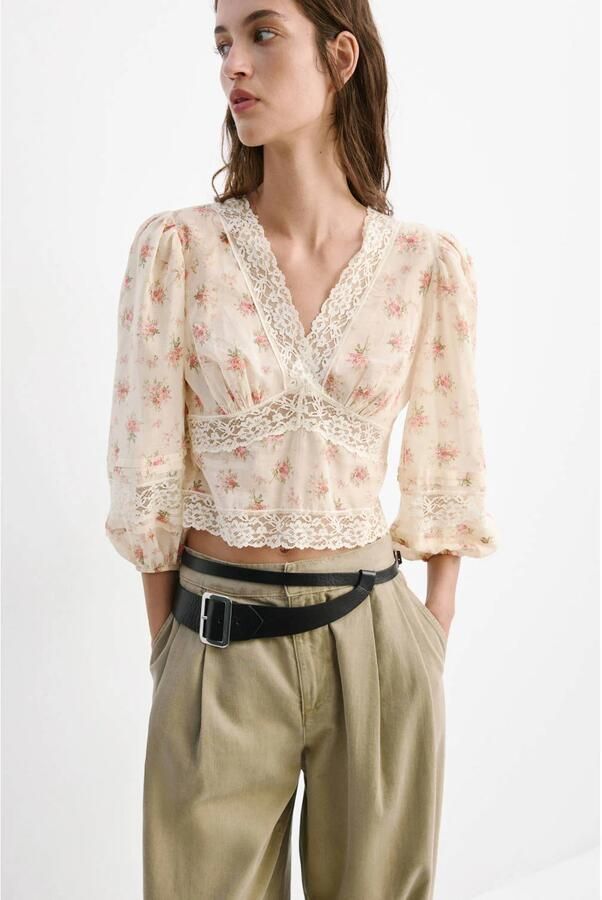 Mango gebloemde top met open rug ecru