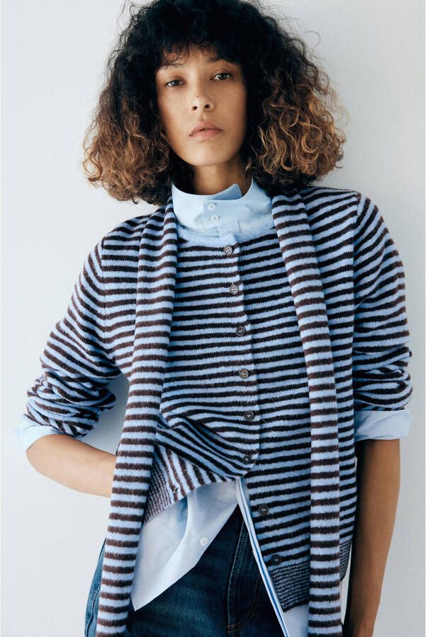 Mango gebreid gestreept zwangerschapsvest blauw bruin
