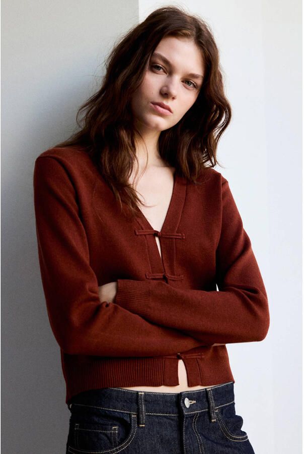 Mango gebreid vest roodbruin