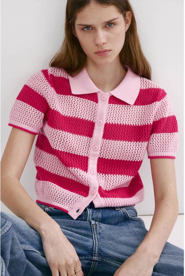 Mango gebreide gestreepte polo roze