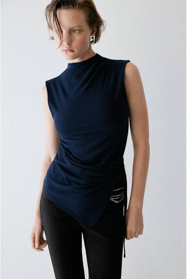 Mango gebreide top met plooien marineblauw
