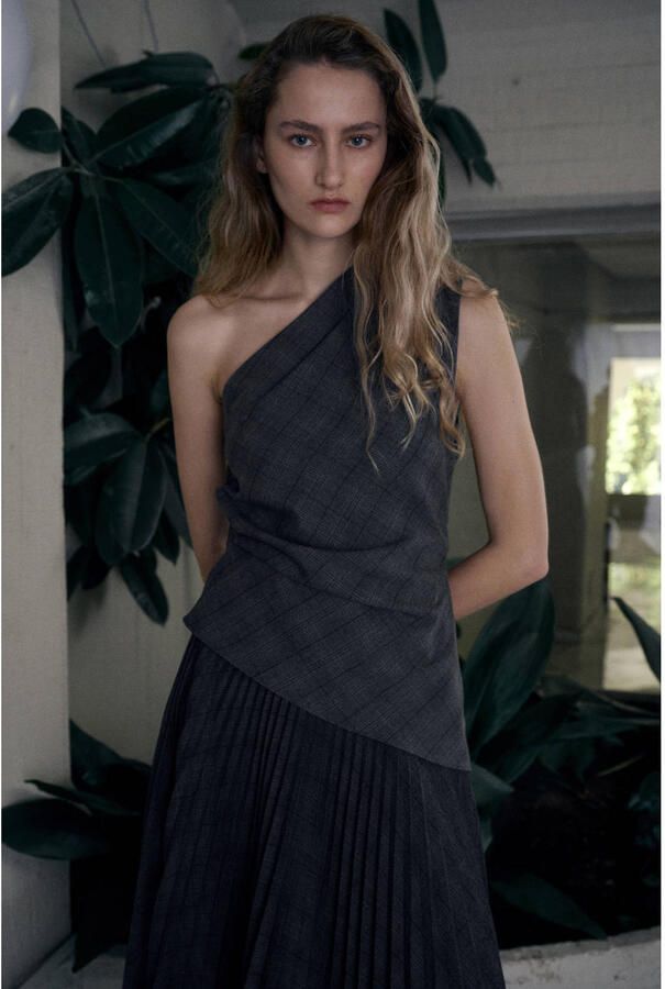 Mango geruit asymmetrische top grijs