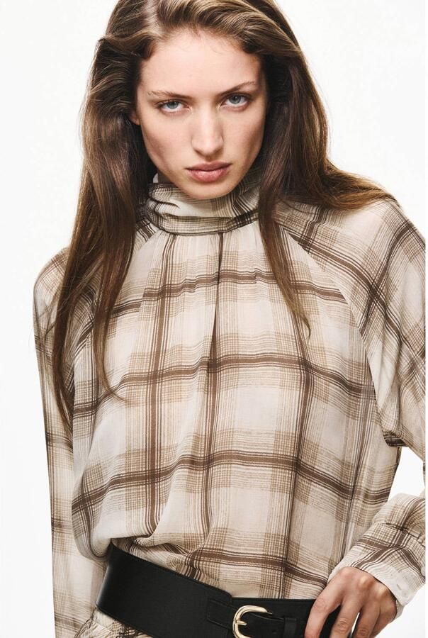 Mango geruite blouse bruin ecru