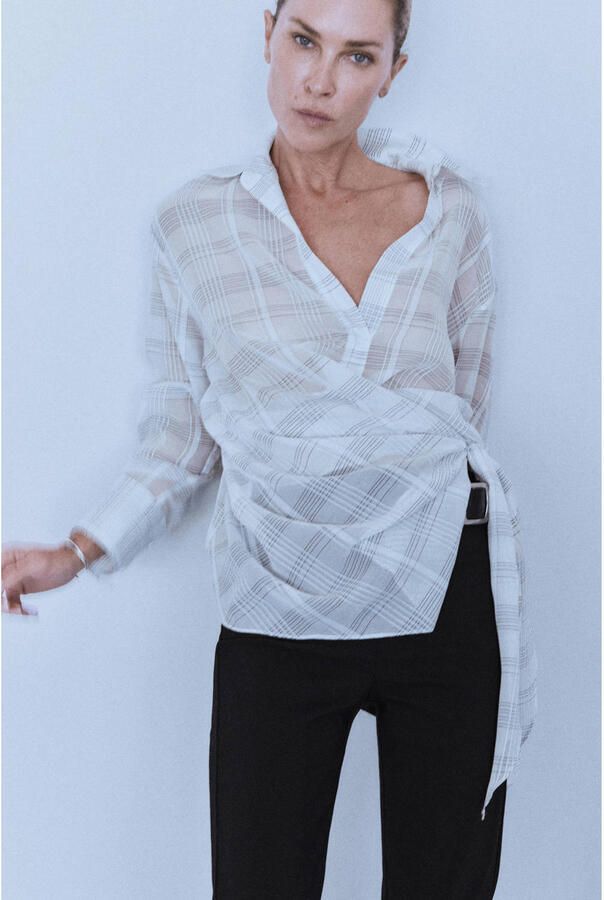 Mango geruite blouse ecru