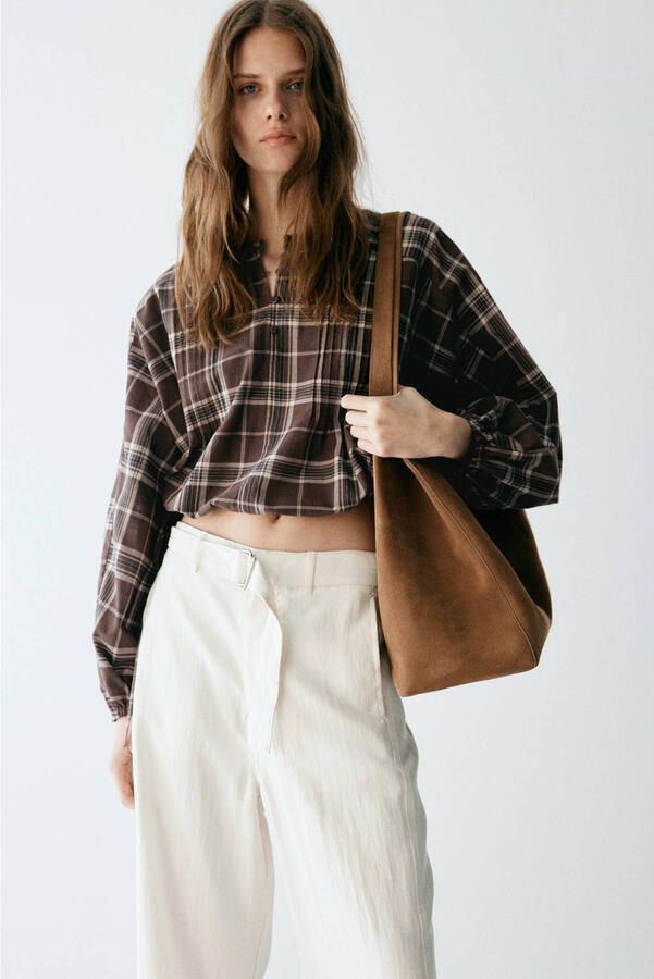 Mango geruite blousetop bruin ecru