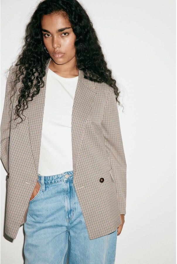 Mango geruite double breasted blazer bruin
