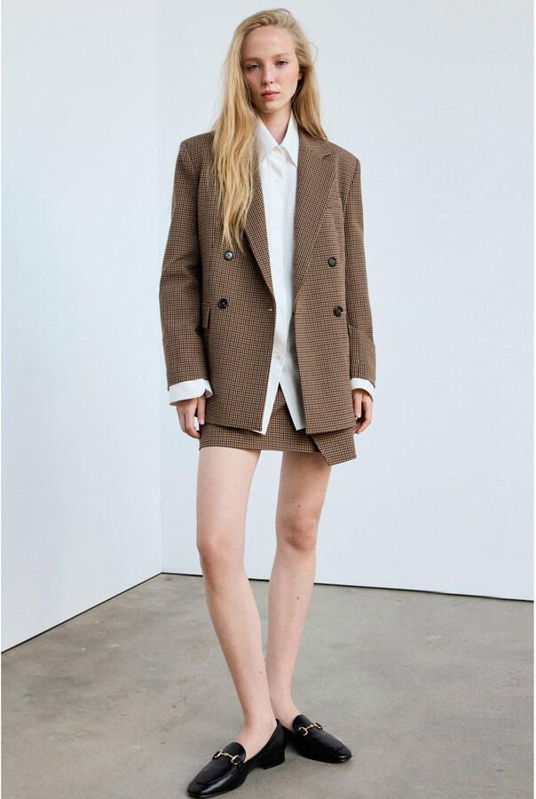 Mango geruite double breasted blazer bruin