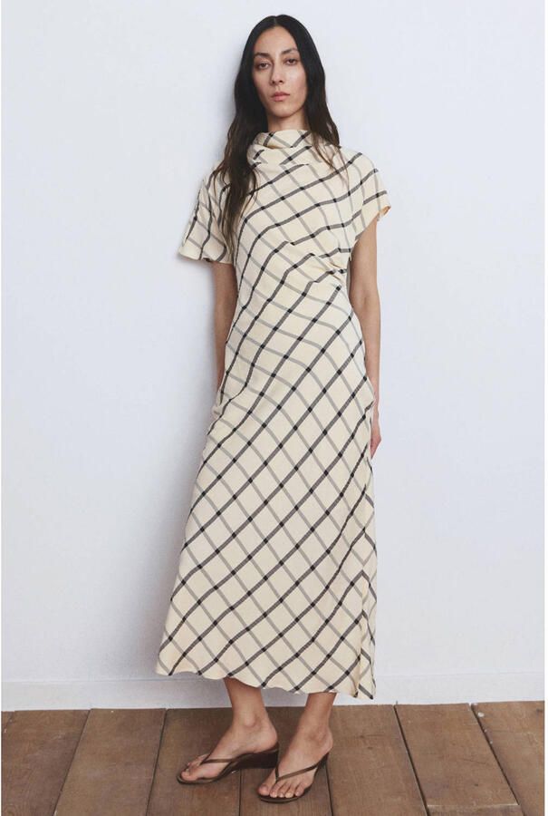 Mango geruite midi jurk beige