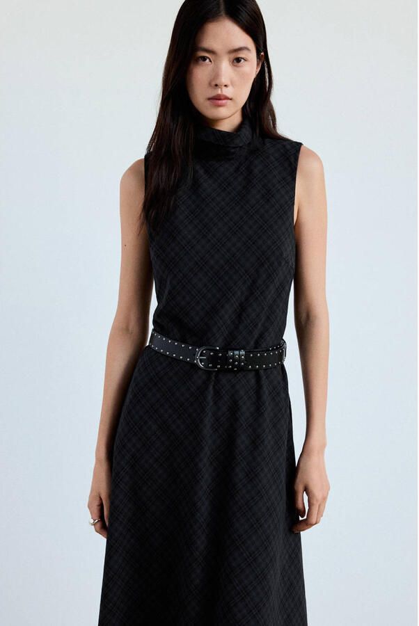Mango geruite midi jurk met ceintuur grijs