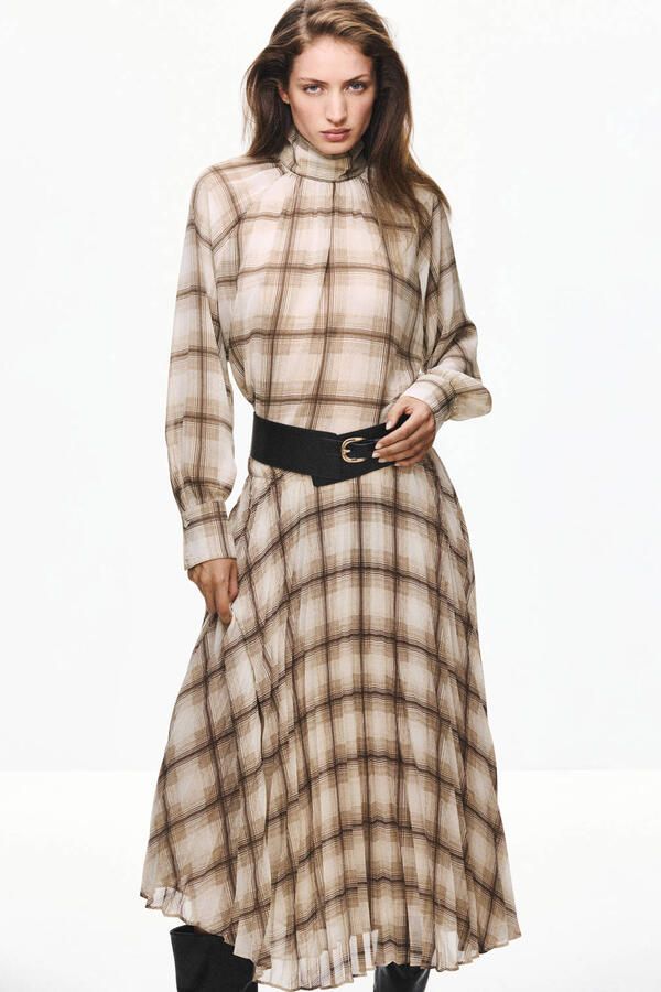Mango geruite midi rok beige bruin