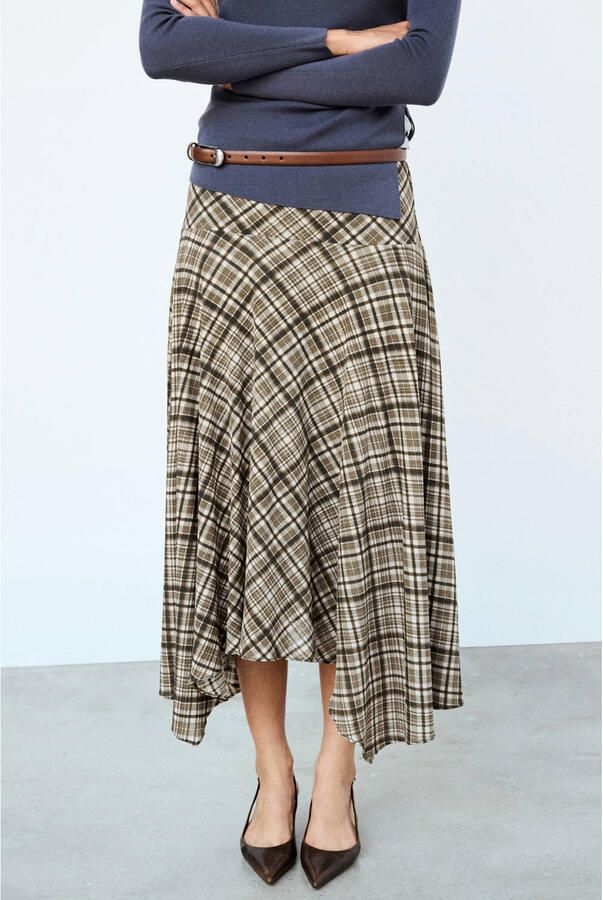 Mango geruite midi rok bruin