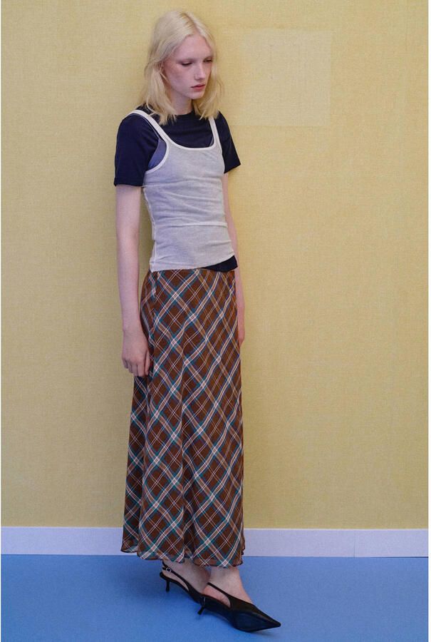 Mango geruite midi rok bruin