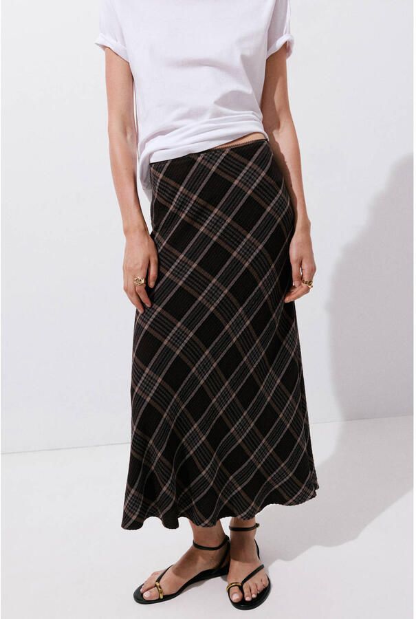 Mango geruite midi rok bruin