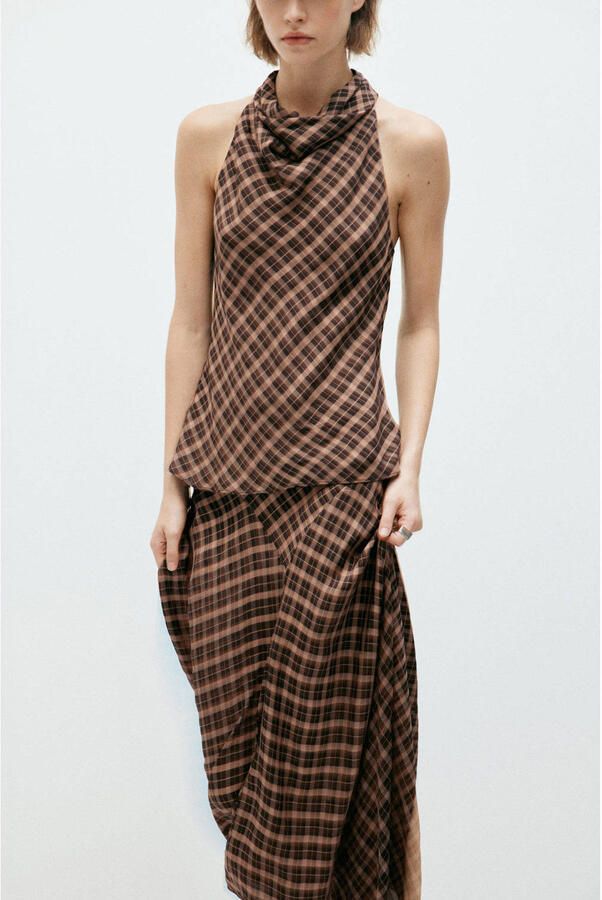 Mango geruite midi rok bruin