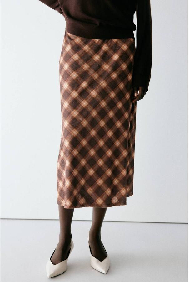 Mango geruite midi rok bruin