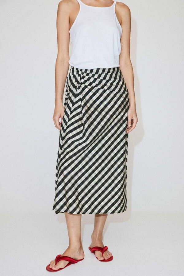Mango geruite midi rok donkerblauw