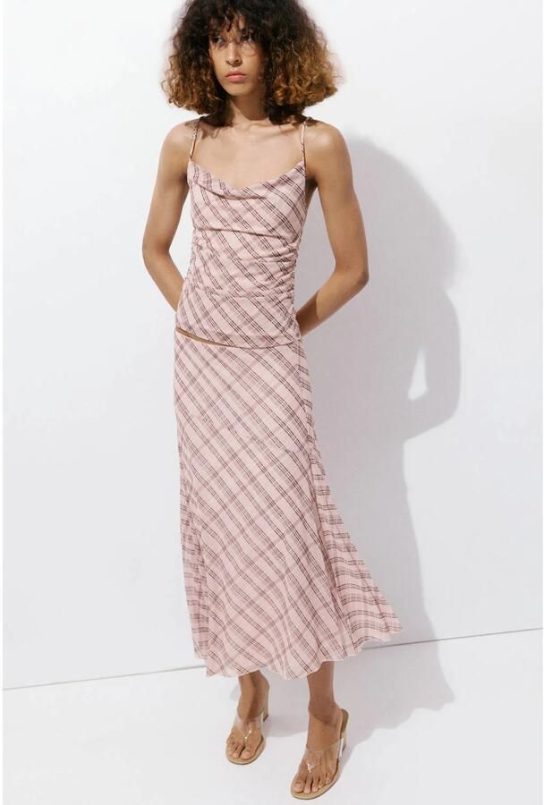 Mango geruite midi rok lichtroze