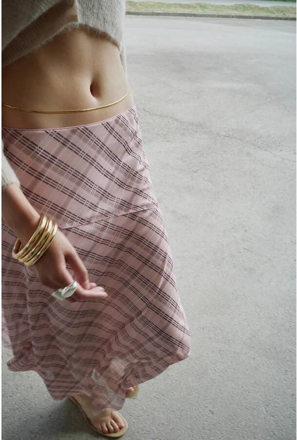 Mango geruite midi rok lichtroze - Foto 2