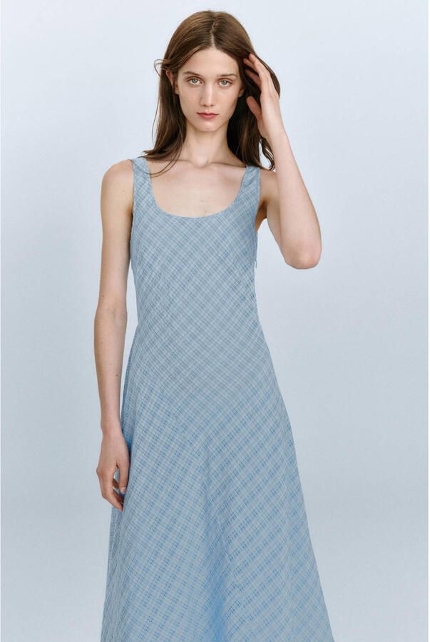Mango geruite midi zomerjurk lichtblauw