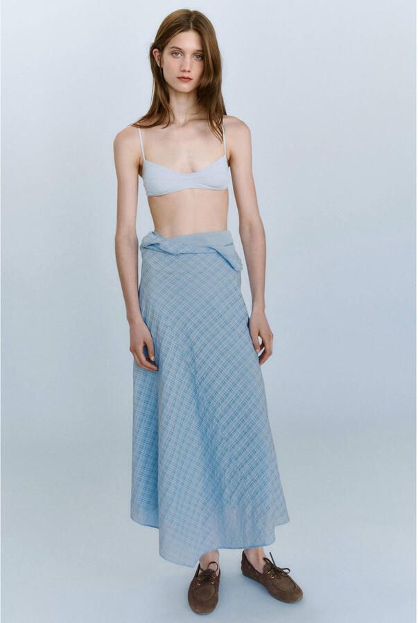Mango geruite midi zomerjurk lichtblauw - Foto 3