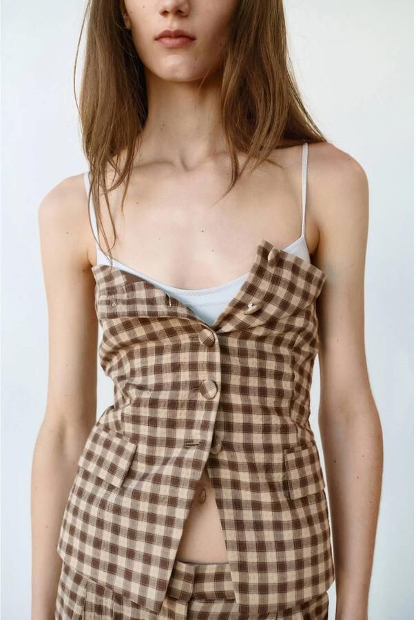 Mango geruite top bruin