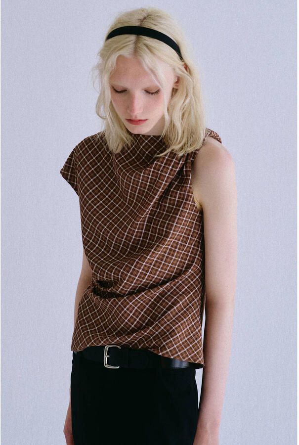 Mango geruite top bruin