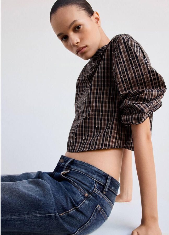 Mango geruite top met strass-steentjes bruin - Foto 2