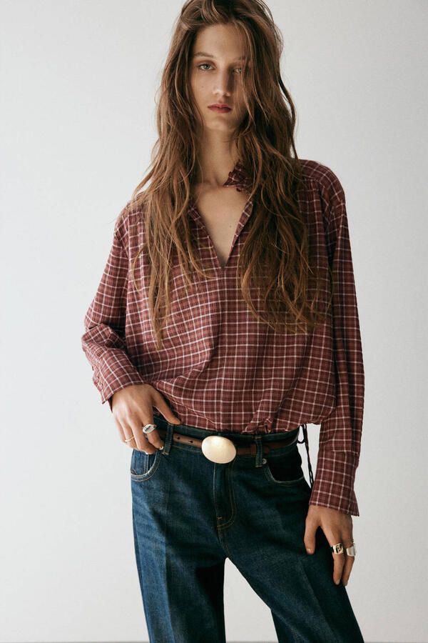 Mango geruite top rood ecru