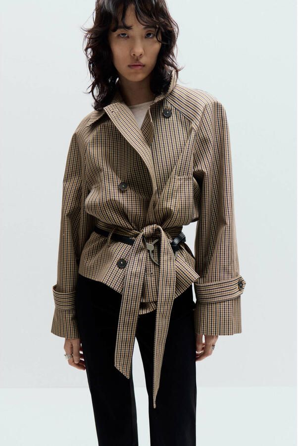 Mango geruite trenchcoat met ceintuur beige
