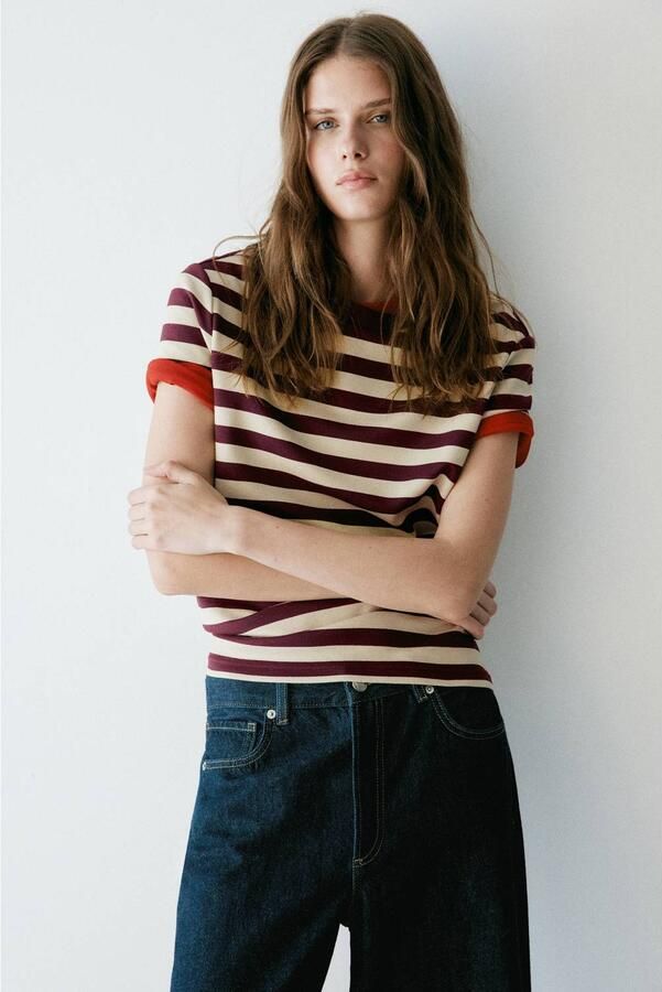 Mango gestreept T-shirt donkerrood lichtgeel
