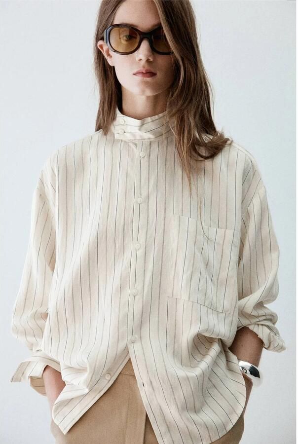 Mango gestreepte blouse beige