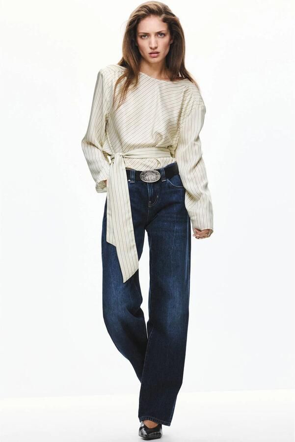 Mango gestreepte blouse met ceintuur beige - Foto 2