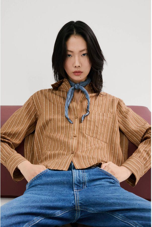 Mango gestreepte blouse met krijtstreep bruin