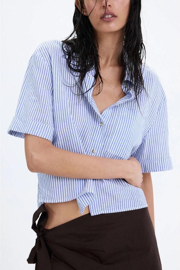 Mango gestreepte blouse met linnen blauw