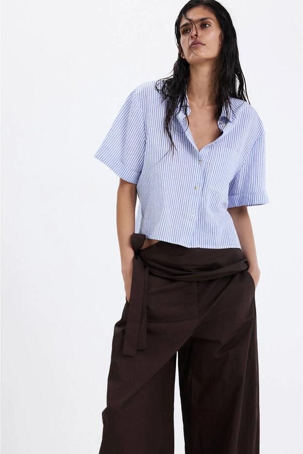 Mango gestreepte blouse met linnen blauw - Foto 3