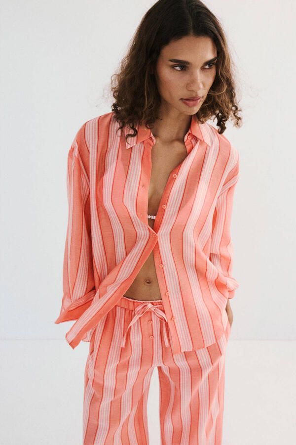 Mango gestreepte blouse met linnen oranje