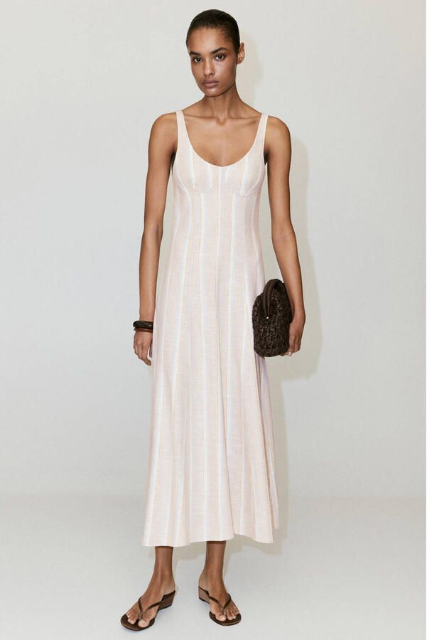 Mango gestreepte maxi zomerjurk met linnen beige