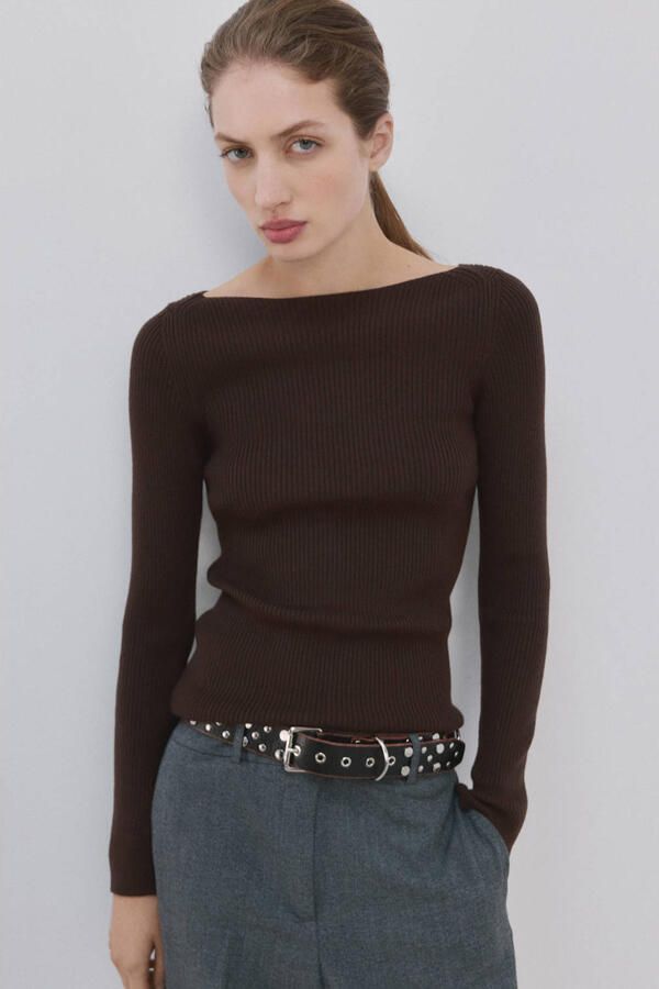 Mango gestreepte pullover donkerbruin rib gebreid