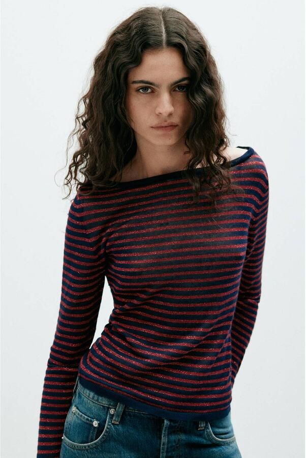 Mango gestreepte pullover met glitters marineblauw rood