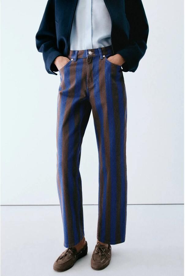 Mango gestreepte straight leg jeans blauw bruin