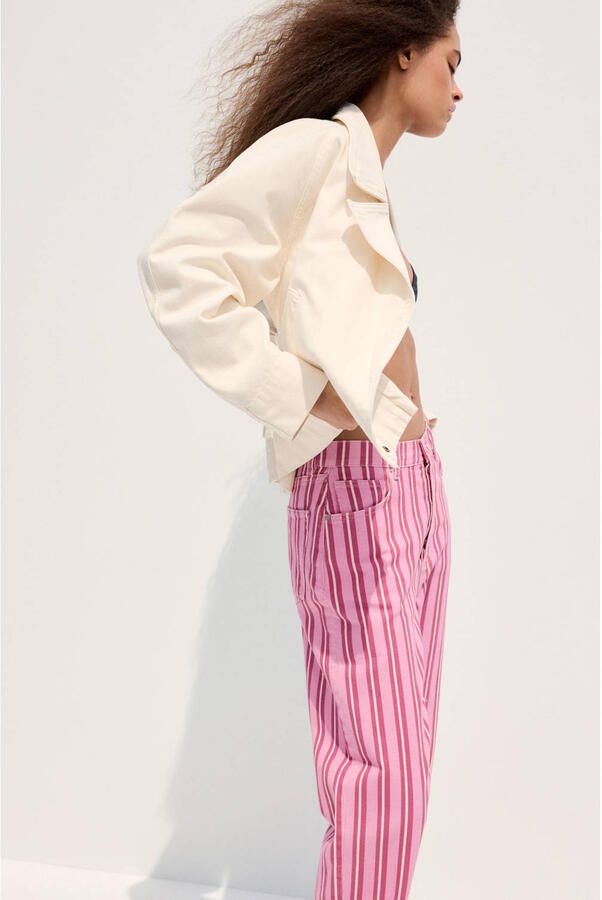Mango gestreepte straight leg jeans roze - Foto 3