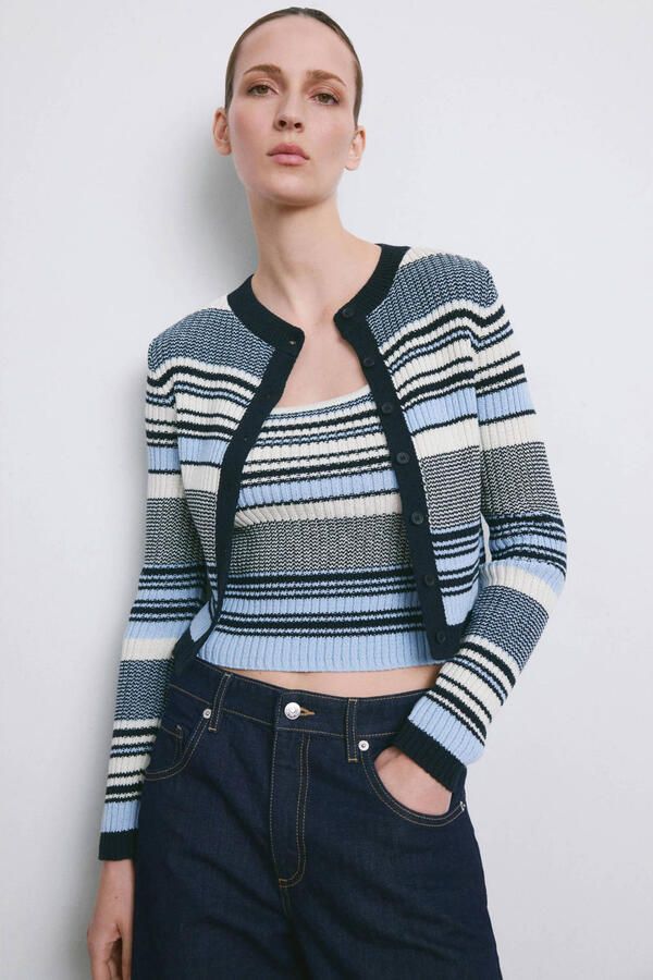 Mango gestreepte vest blauw grof gebreid