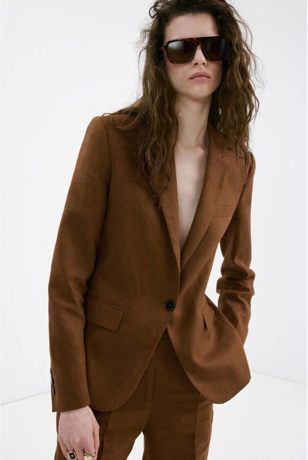 Mango getailleerde blazer met linnen bruin