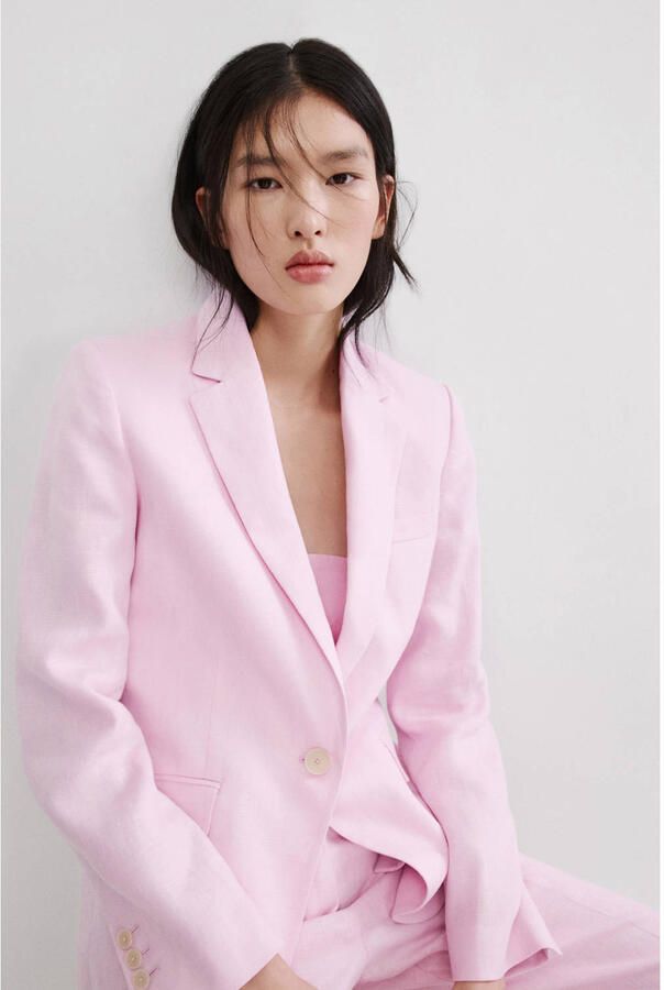 Mango getailleerde blazer met linnen lichtroze