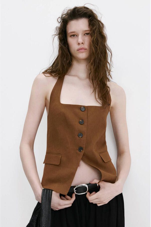 Mango gilet met linnen bruin