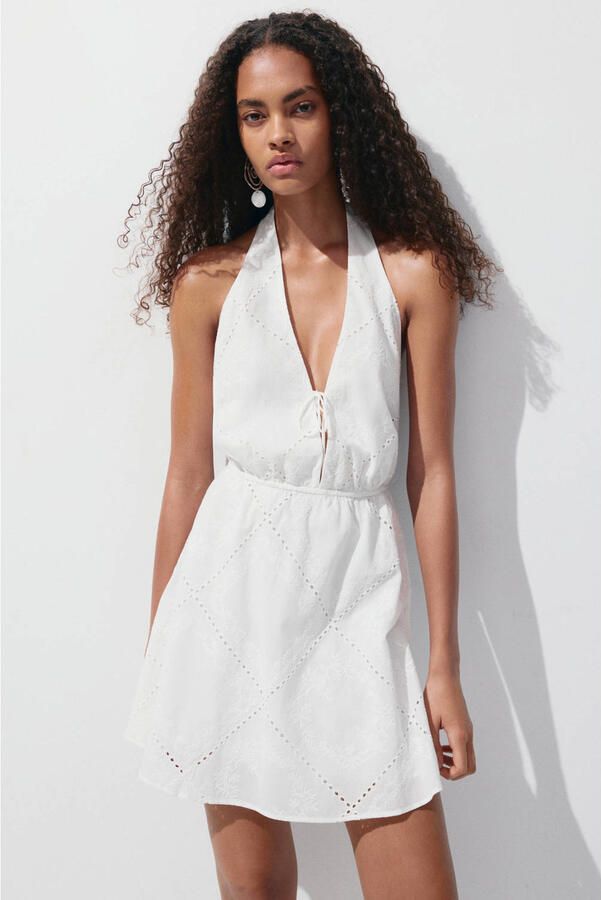 Mango halter broderie jurk wit